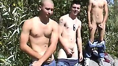 Three Soldiers Take A Hike, Pull Down Their Pants And Start Jerking Off
